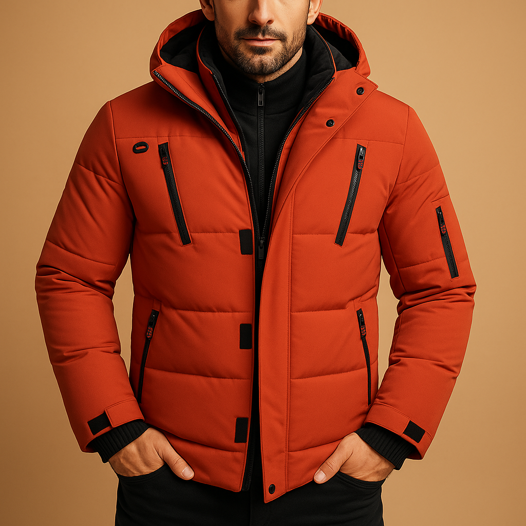 Orangefarbene Winterjacke für Herren mit Kapuze und kontrastierenden Reißverschlüssen