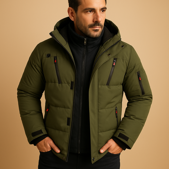 Olivgrüne Herren-Winterjacke mit Kapuze, gesteppter Optik und Klettverschluss-Ärmeln