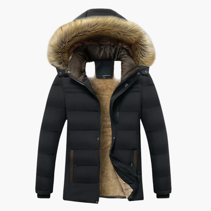 Herren Winterjacke schwarz mit Kunstfellkapuze und gestepptem Design