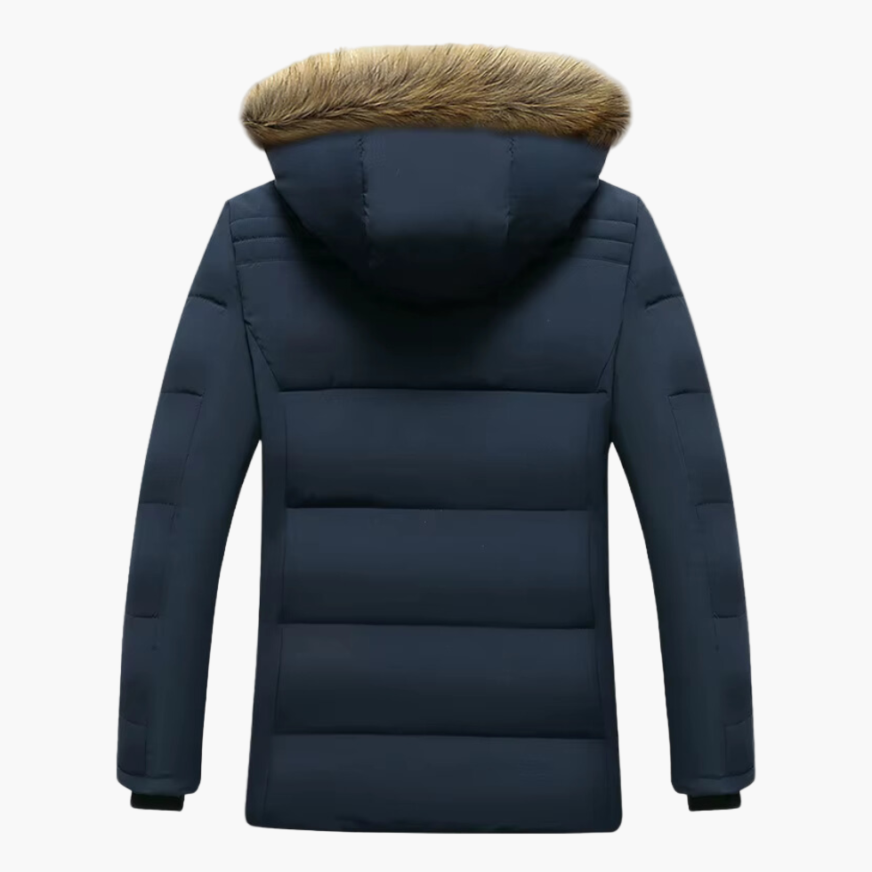 Winterjacke navyblau Rückenansicht mit Fellkragen und Kapuze