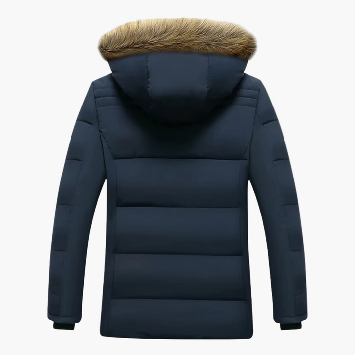 Winterjacke navyblau Rückenansicht mit Fellkragen und Kapuze