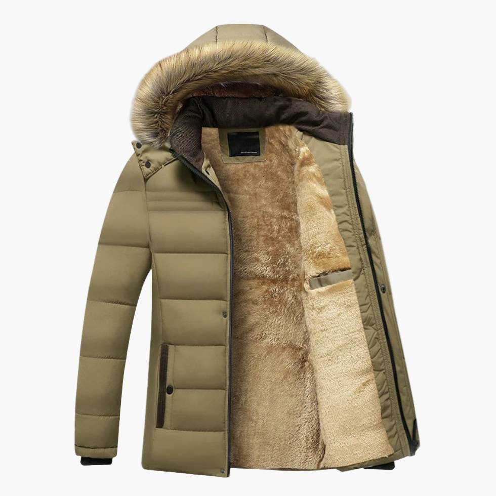 Herren Steppjacke khaki mit Fellkapuze und Fleecefutter innen