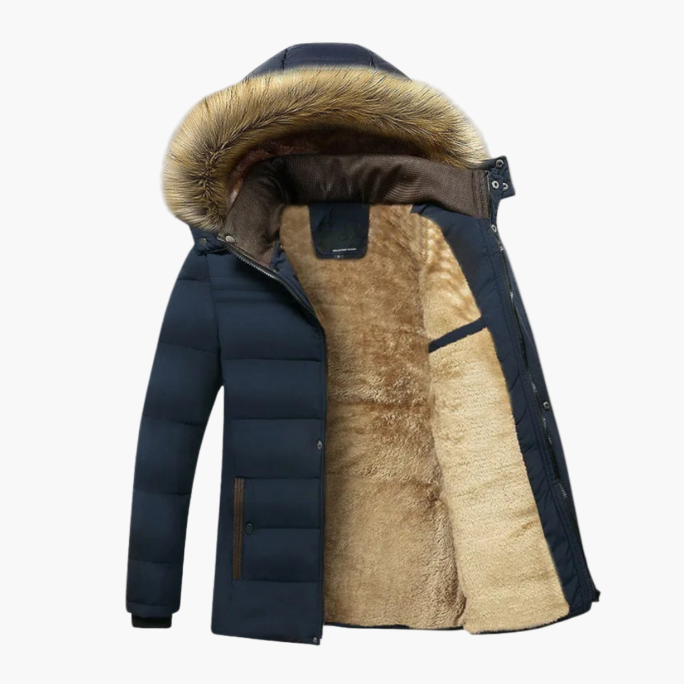 Navyblaue Winterjacke seitlich mit Fellkapuze und Fleece Innenfutter