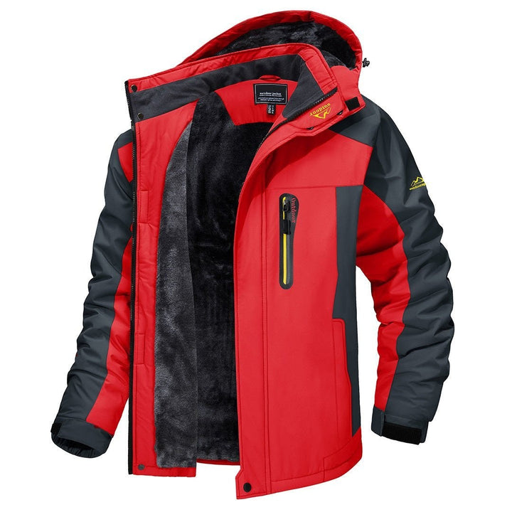Winterjacke Herren rot-grau im Colorblock-Design mit Kapuze
