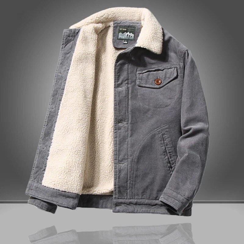 Grau melierte Cordjacke mit Fellkragen und warmem Kunstfell-Futter