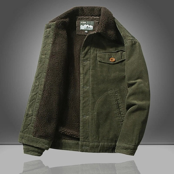 Olivgrüne Herrenjacke aus Cord mit Teddyfell-Futter und Kragen