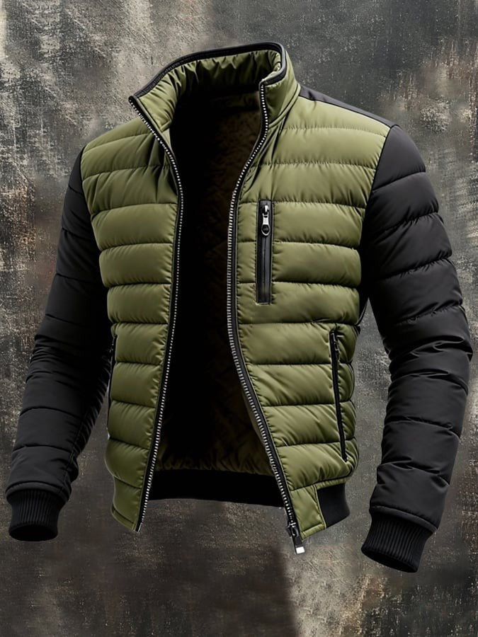 Herren Steppjacke in Oliv-Schwarz mit Stehkragen und Reißverschlusstaschen