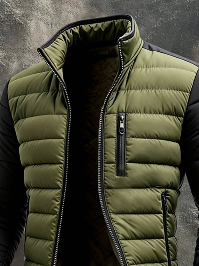 Detailansicht Stehkragen und Colorblock-Design der wattierten Herrenjacke