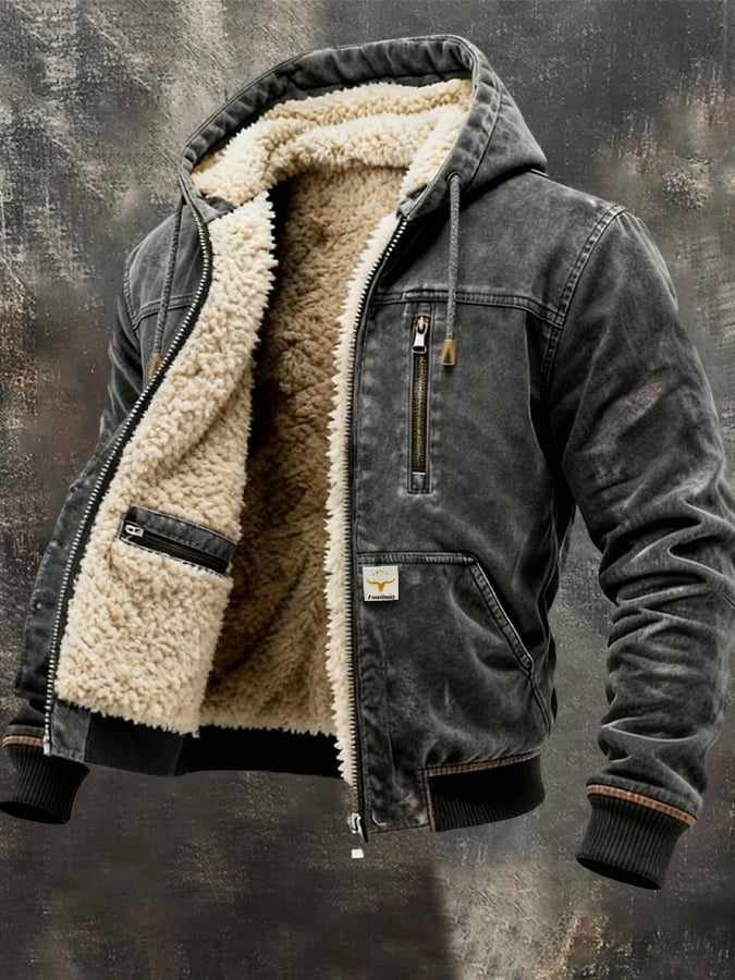 Herren Winterjacke mit Kapuze in grauer Washed-Optik und Fellfutter