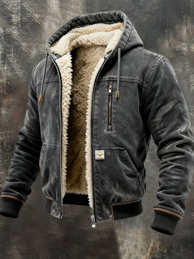 Graue Fellwinterjacke mit Kapuze und Reißverschlusstaschen im Vintage-Look
