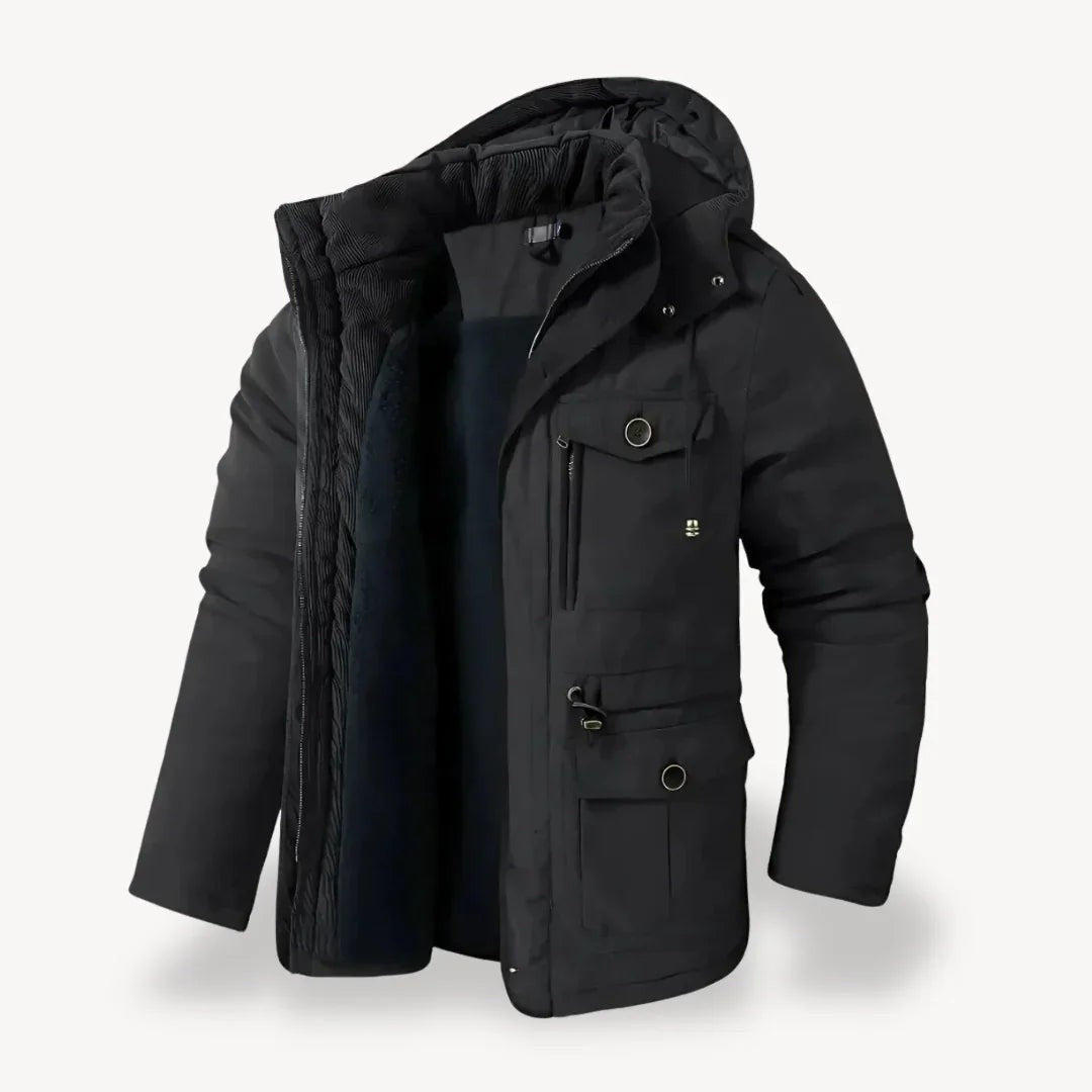 Schwarze Winterjacke mit Kapuze und warmem Fleece-Futter, geöffnet dargestellt