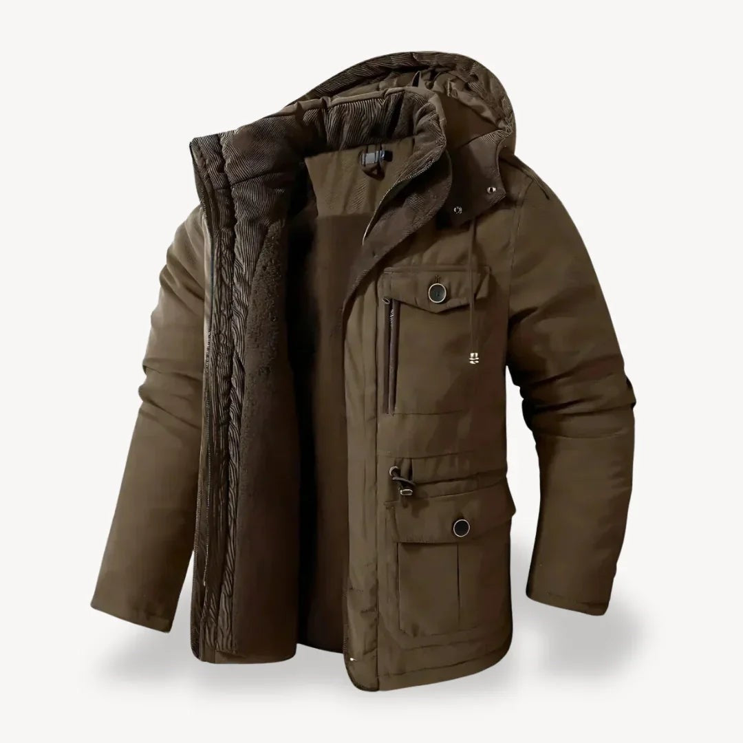Winterjacke in Khaki-Braun mit Kapuze, Fleece-Futter und mehreren Taschen