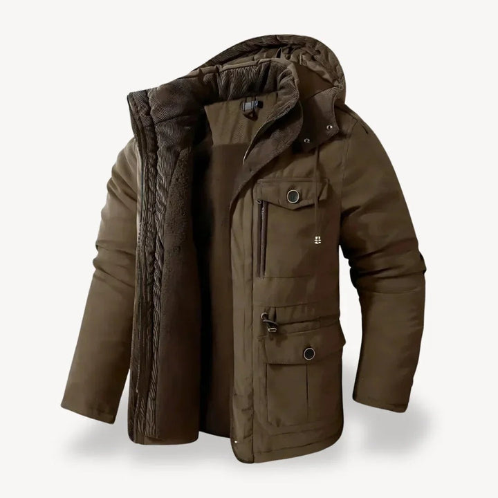 Winterjacke in Khaki-Braun mit Kapuze, Fleece-Futter und mehreren Taschen