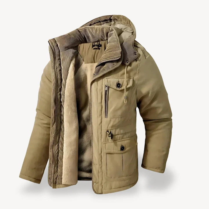 Winterjacke in Beige mit Fellkapuze, warmem Futter und praktischen Taschen