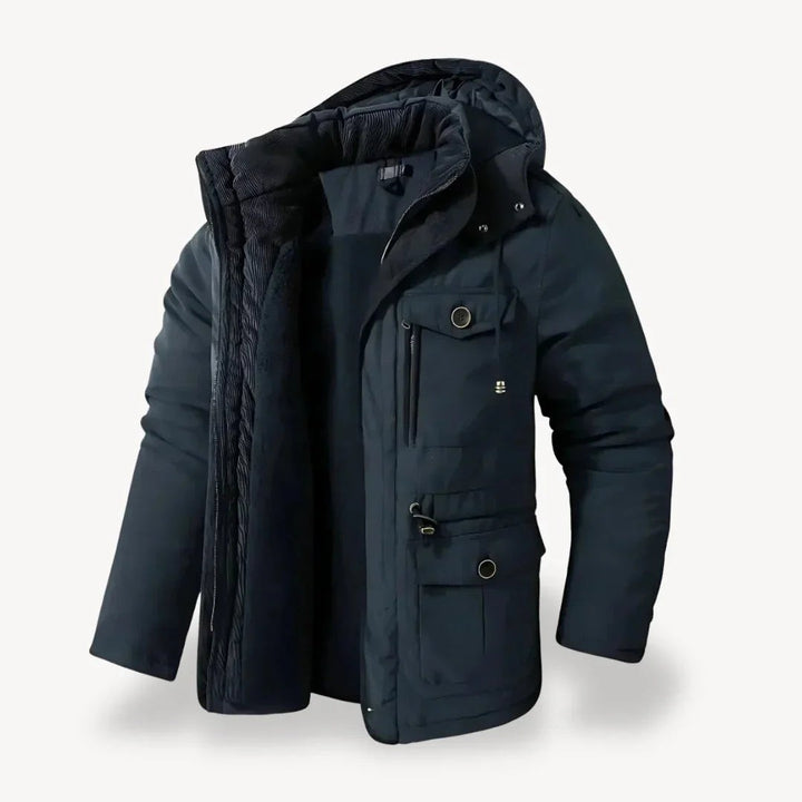 Dunkelblaue Herren Winterjacke mit Kapuze, Fleece-Futter und Reißverschlusstaschen