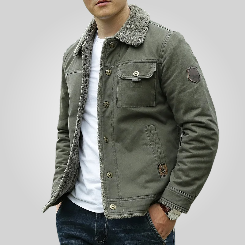 Herren Winterjacke in Oliv mit Kunstfellkragen und Brusttasche
