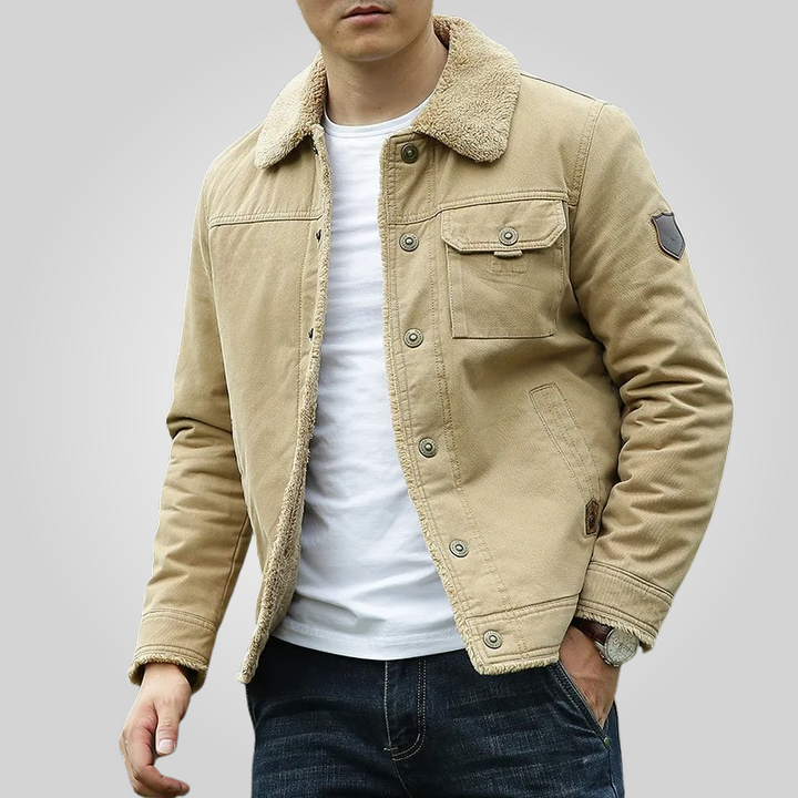 Winterjacke für Herren in Beige mit Fellkragen und Knopfverschluss