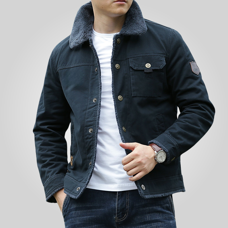 Dunkelblaue Herren Winterjacke mit Kunstfellkragen und Fleece-Futter