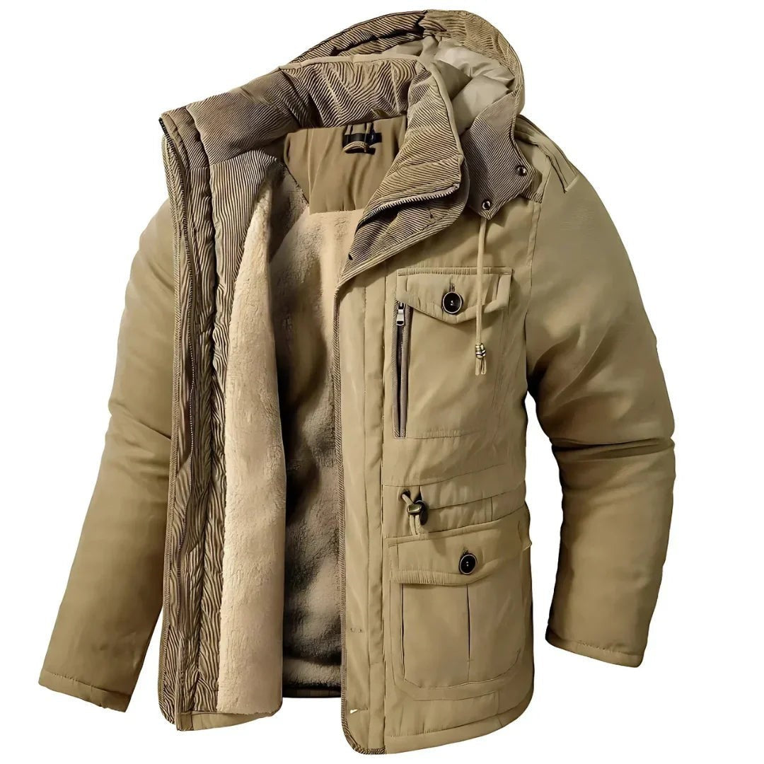 Herren Winterjacke beige mit Kapuze und warmem Fleecefutter, offen drapiert