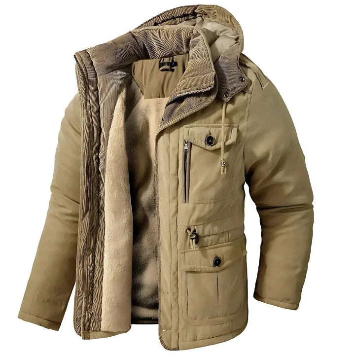 Herren Winterjacke beige mit Kapuze und warmem Fleecefutter, offen drapiert
