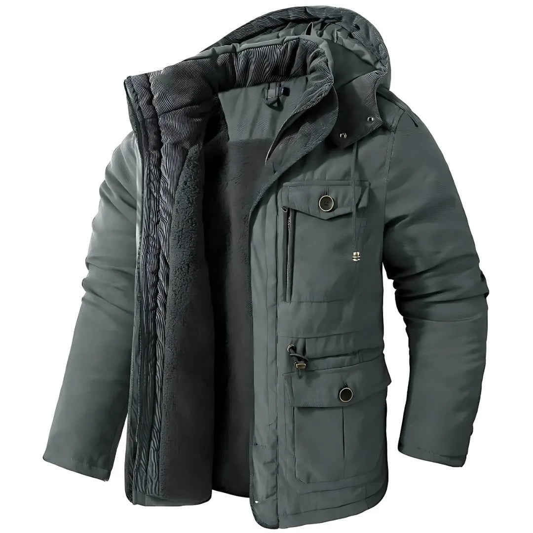 Winterjacke dunkelgrün mit Kapuze, Fleecefutter und mehreren Taschen