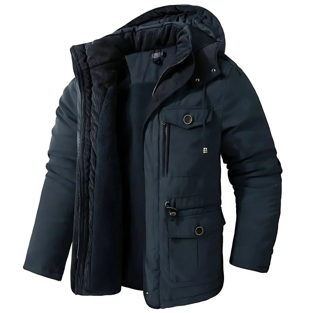 Herren Winterjacke dunkelblau mit Kapuze, Kordelzug und Fleecefutter