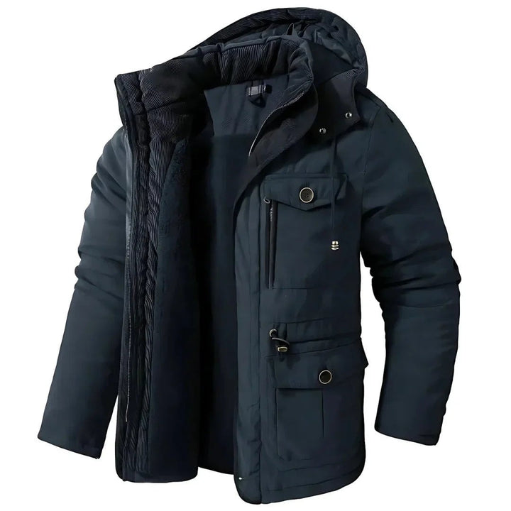 Herren Winterjacke dunkelblau mit Kapuze, Kordelzug und Fleecefutter
