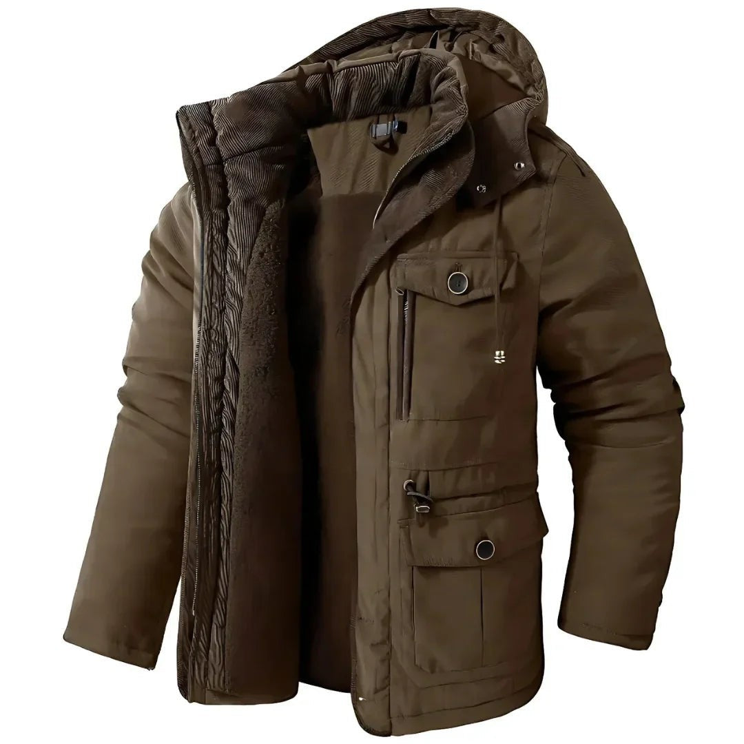 Winterjacke khaki-braun mit Kapuze, Fleecefutter und funktionalen Taschen