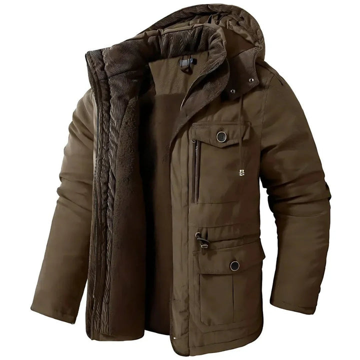 Winterjacke khaki-braun mit Kapuze, Fleecefutter und funktionalen Taschen