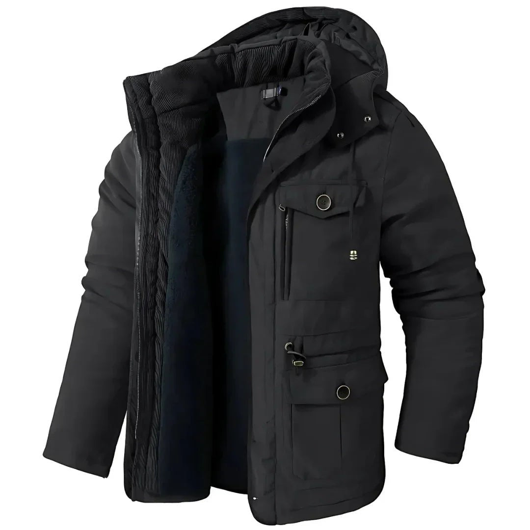 Herren Winterjacke schwarz mit Kapuze, Fleecefutter und Kordelzug am Saum