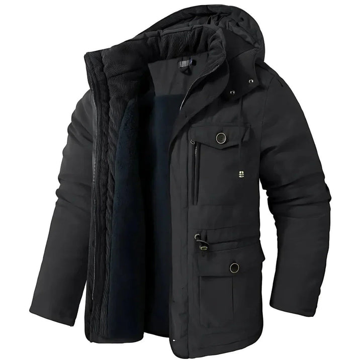 Herren Winterjacke schwarz mit Kapuze, Fleecefutter und Kordelzug am Saum