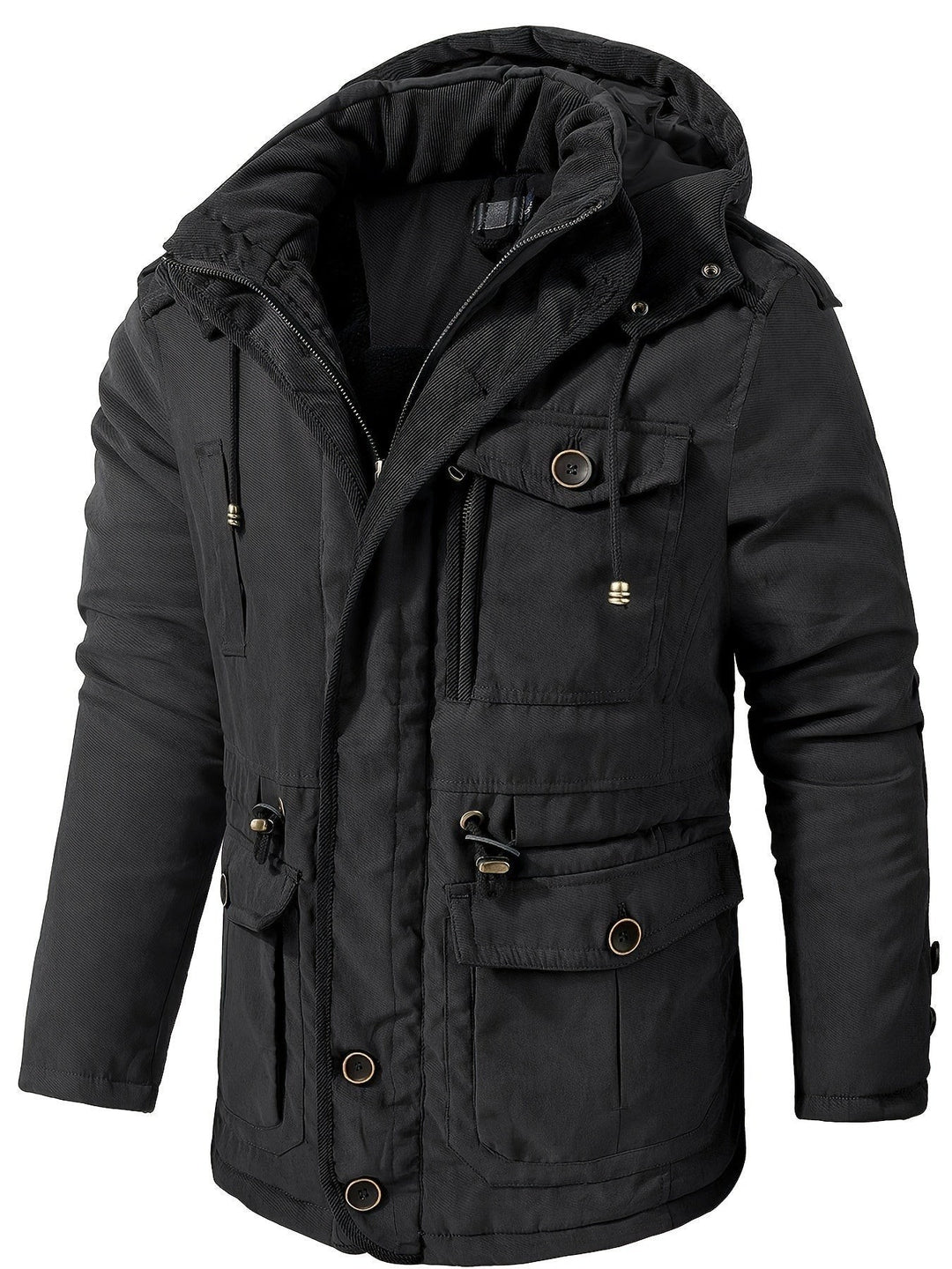 Schwarze Winterjacke mit Kapuze und Fleece-Futter, mehrere Taschen