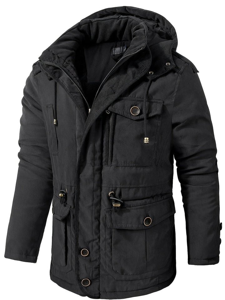 Schwarze Winterjacke mit Kapuze und Fleece-Futter, mehrere Taschen