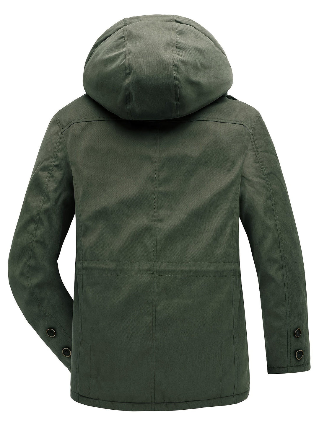 Olivgrüne Winterjacke Rückansicht mit geschlossener Kapuze und Knopfleiste