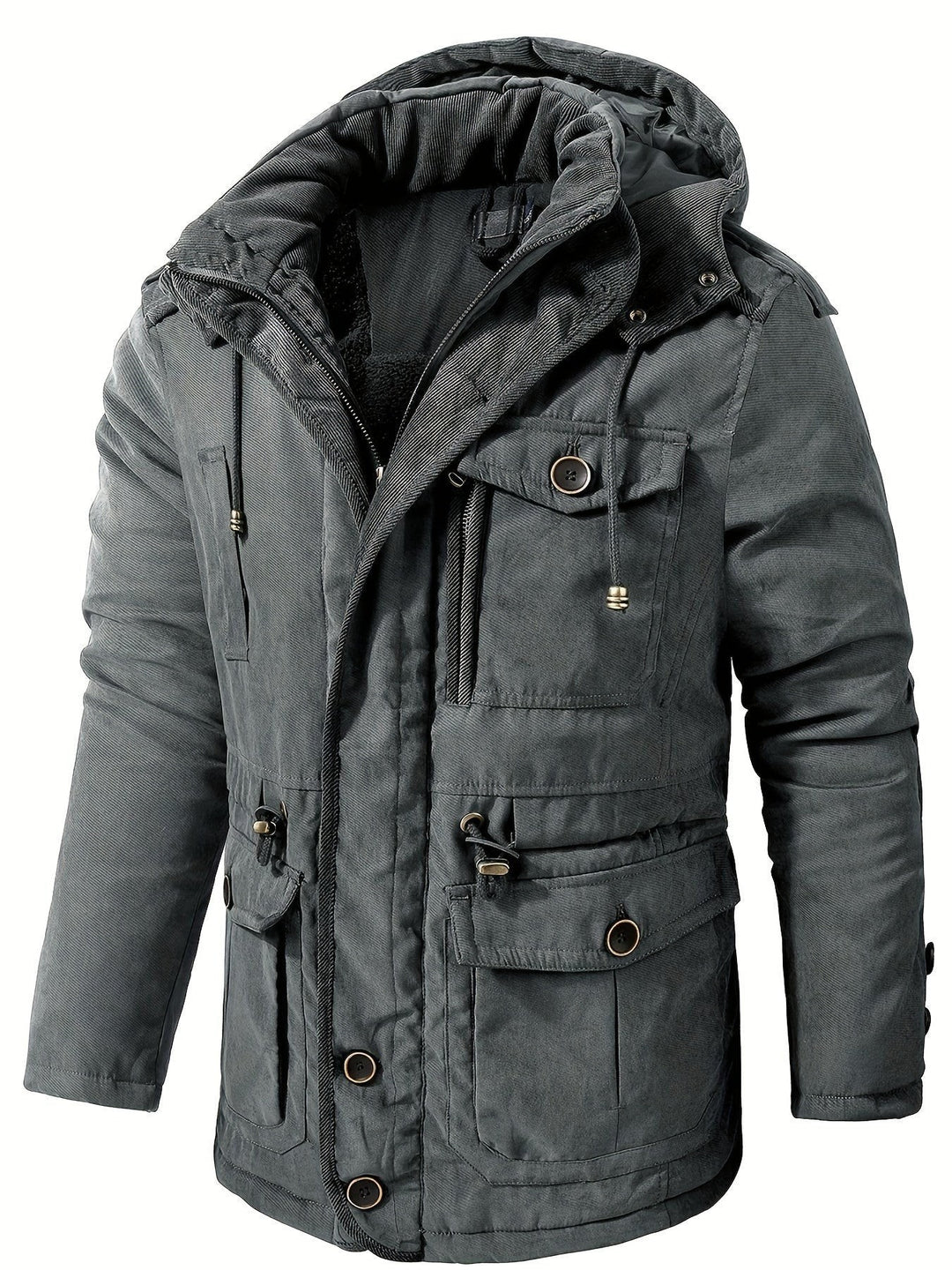 Graue Winterjacke mit Kapuze, Kordelzug und Cargo-Taschen