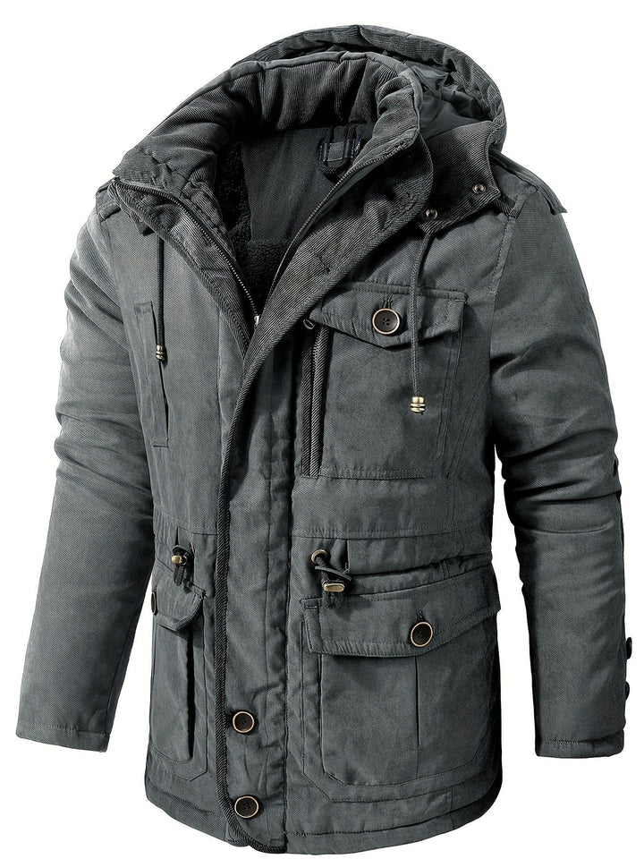 Graue Winterjacke mit Kapuze, Kordelzug und Cargo-Taschen