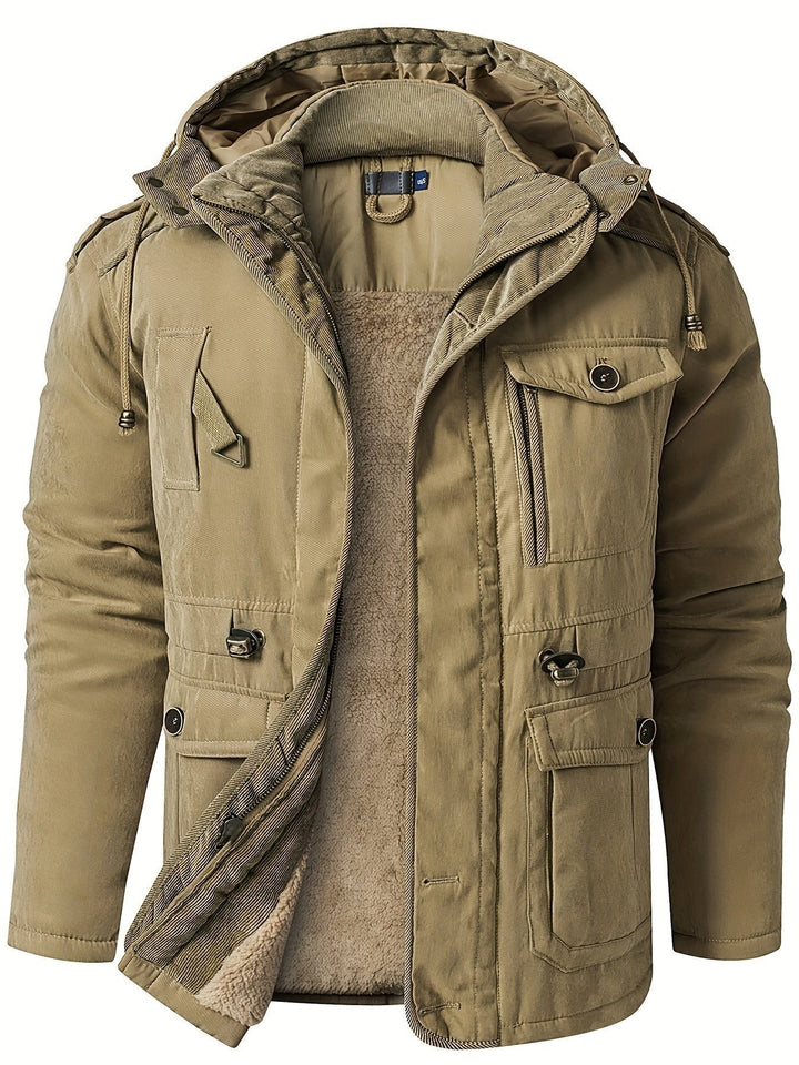 Khakifarbene Herren-Winterjacke mit Fellkapuze und Brusttasche