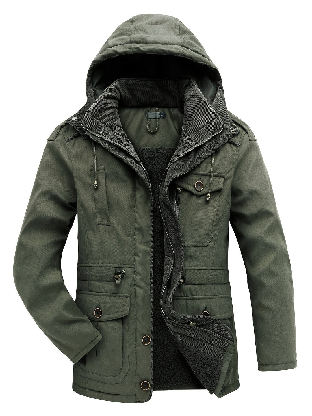 Olivgrüne Parka-Jacke mit Kapuze und Sherpa-Futter geöffnet