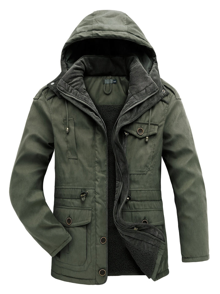 Olivgrüne Parka-Jacke mit Kapuze und Sherpa-Futter geöffnet