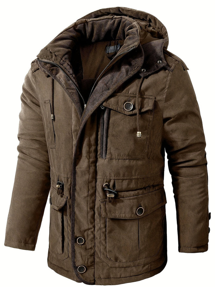Braune Herrenjacke mit Kapuze, Kordelzug und Reißverschlusstaschen