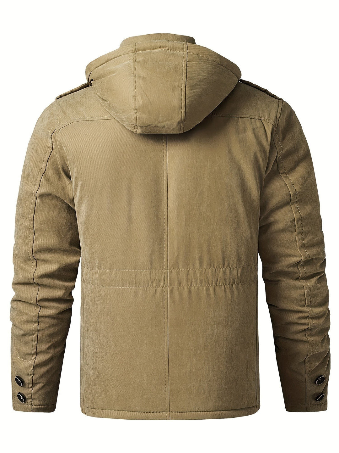 Khakifarbene Winterjacke von hinten mit Kapuze und Ärmelknöpfen