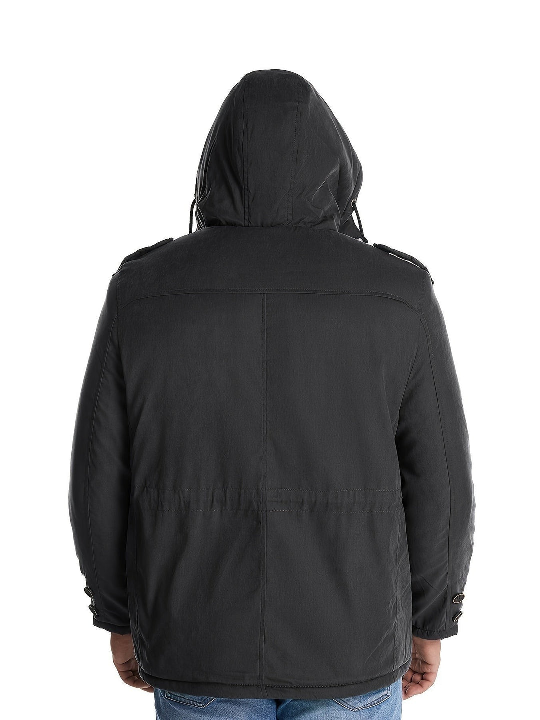 Schwarze Herrenjacke von hinten getragen mit weiter Kapuze
