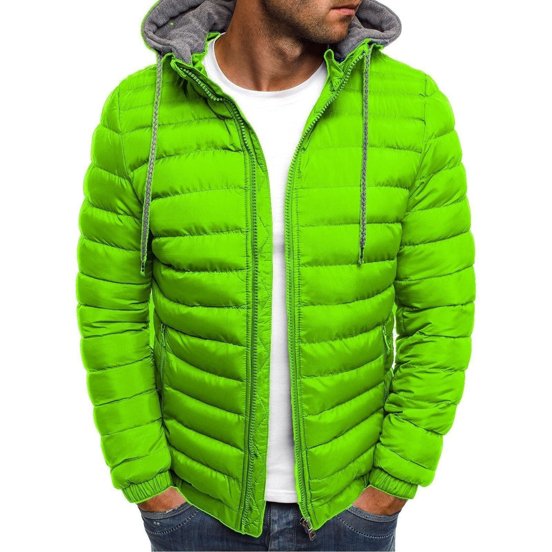 Grüne Steppjacke Herren mit abnehmbarer Kapuze und Reißverschluss