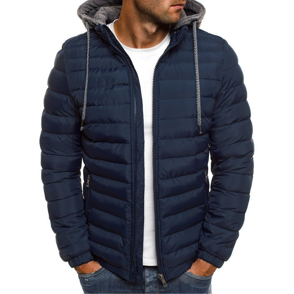 Dunkelblaue gefütterte Winterjacke Herren mit grauer Kapuze