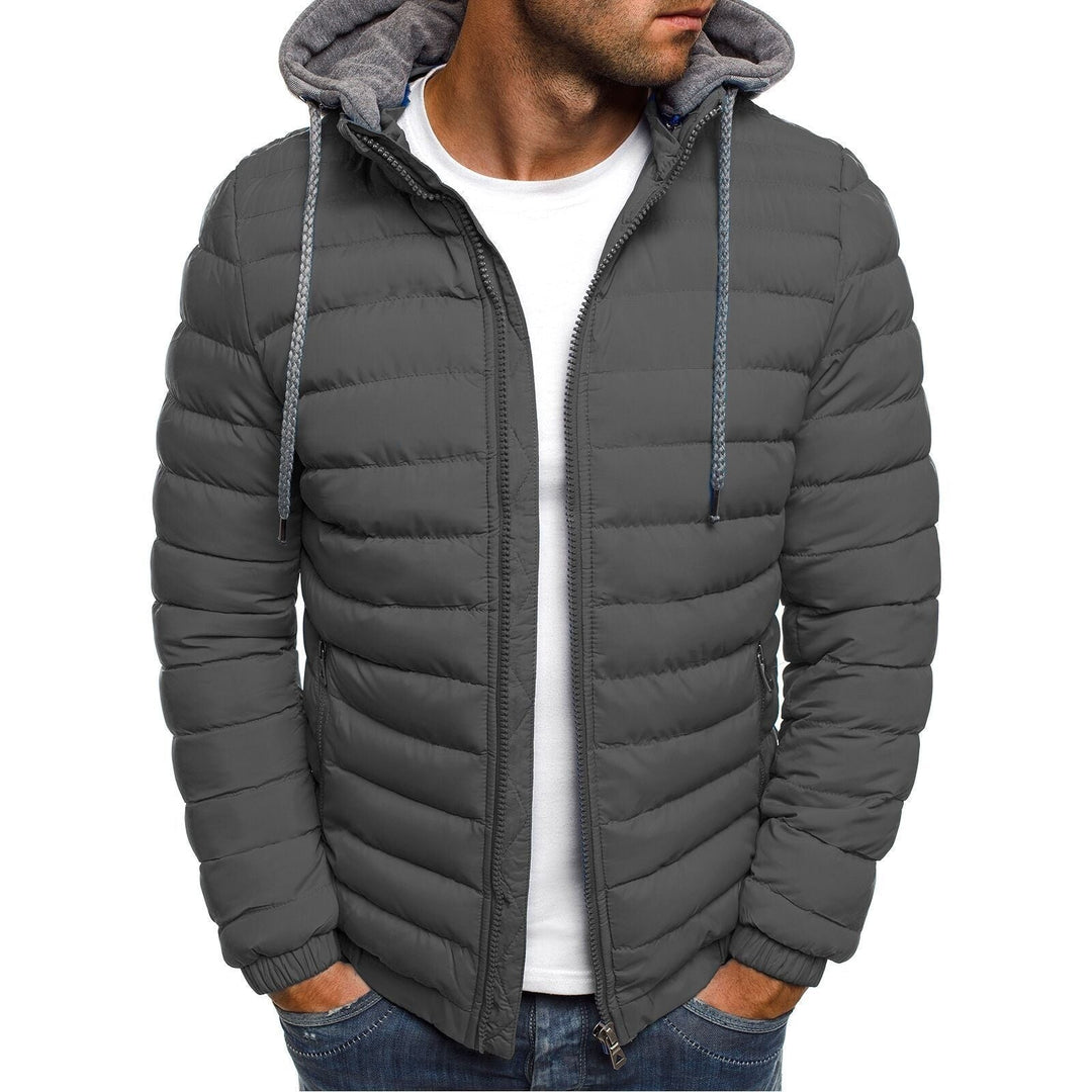 Anthrazitfarbene gesteppte Winterjacke für Herren mit grauer Kapuze