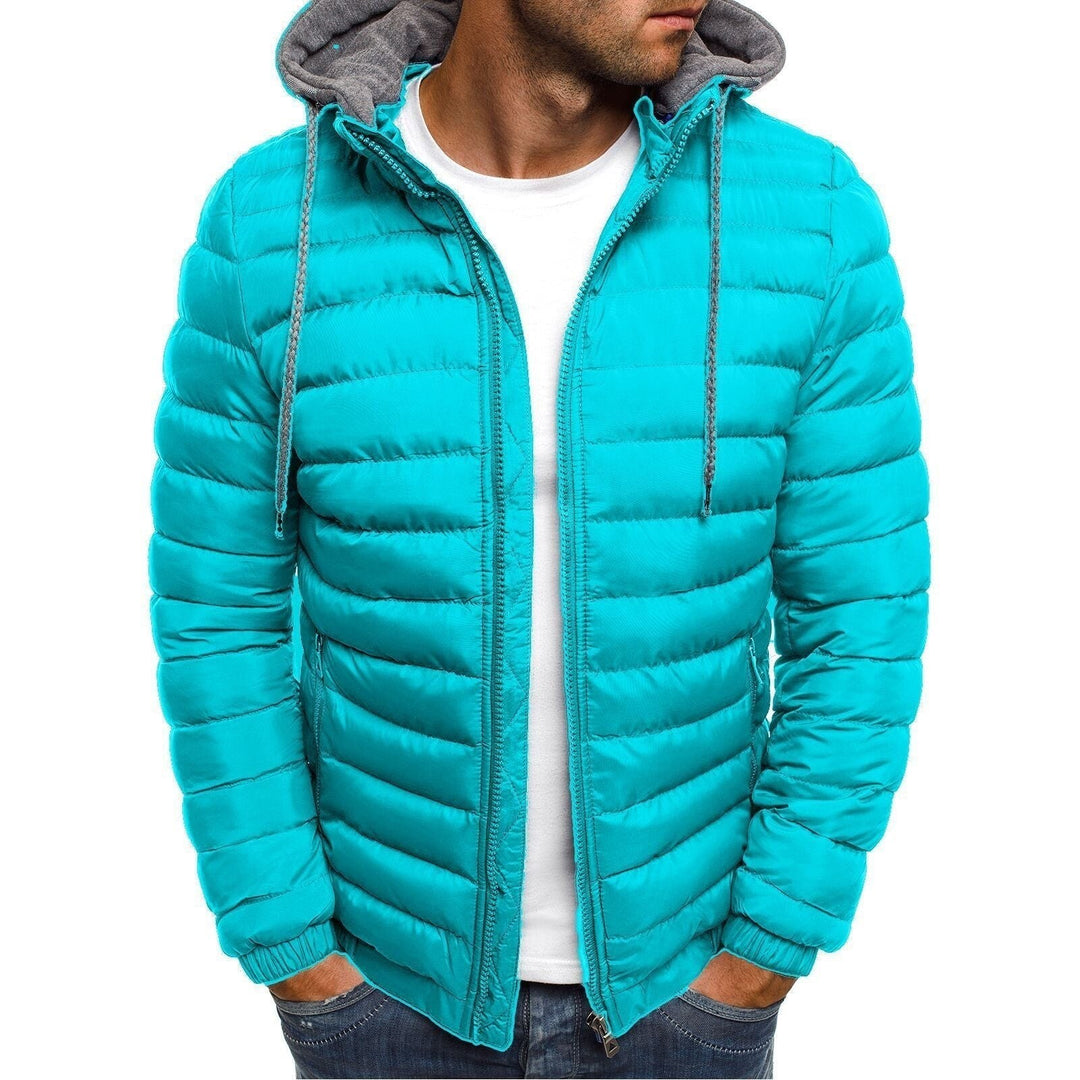 Türkisfarbene Herren-Steppjacke mit Kapuze und schmaler Steppung