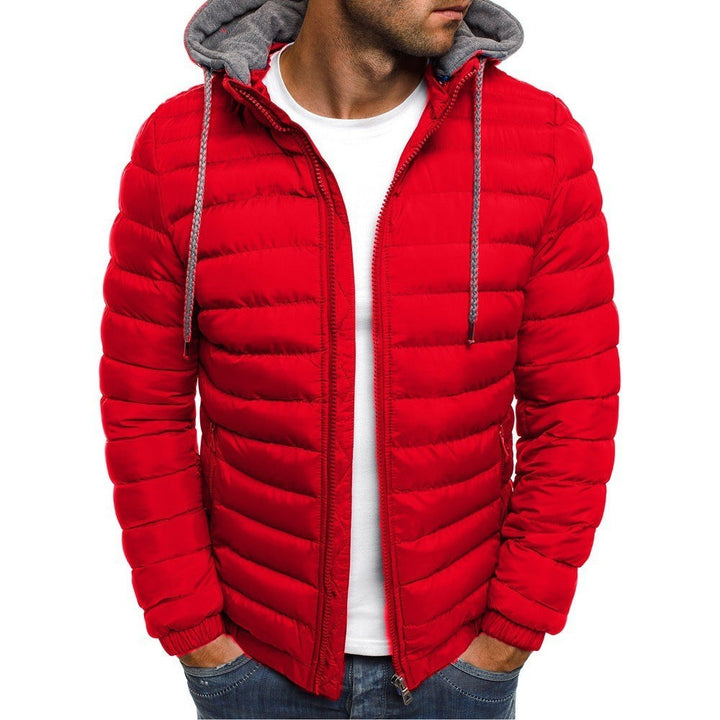 Rote gefütterte Winterjacke Herren mit Kapuze und Kordelzug