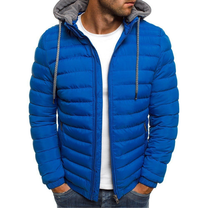 Kornblaue gesteppte Winterjacke für Herren mit Kapuze