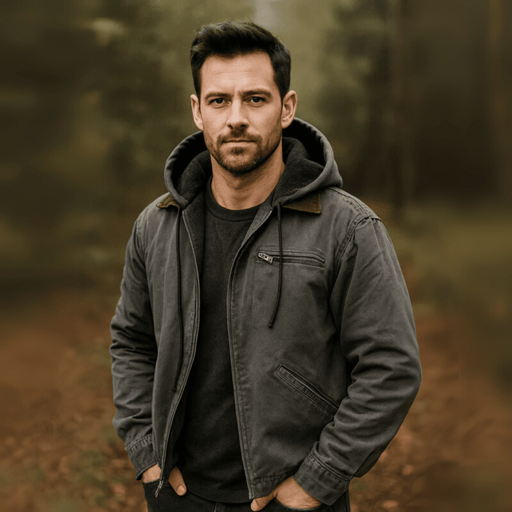 Mann trägt graue Winterjacke mit Kapuze im Wald