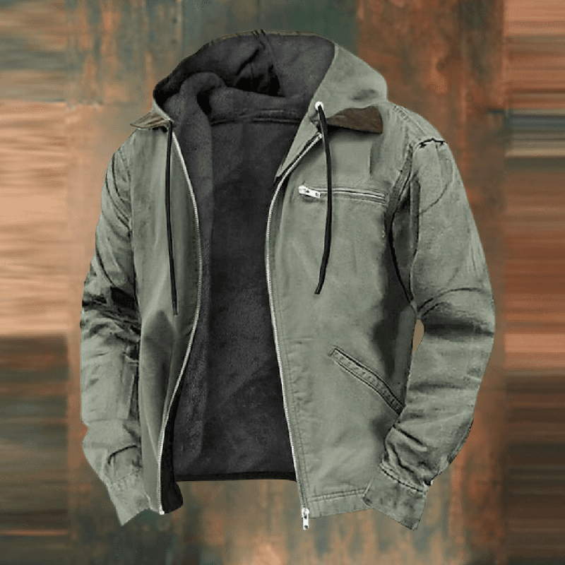 Herren Winterjacke in Olivgrün mit Reißverschluss und Fleece-Futter